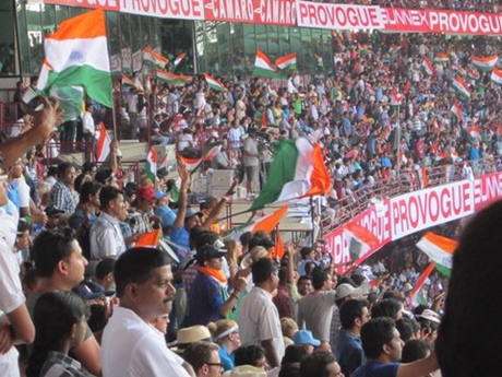 The crowd celebrates attending a cricket match