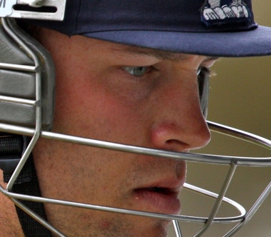 Most of Jonathan Trott's face and a bit of his helmet